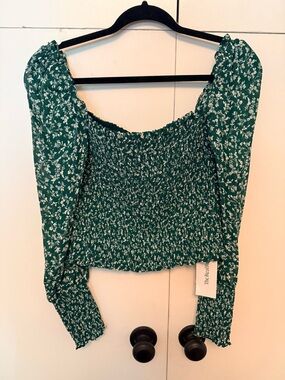 Reformation Green Floral Smocked Long-Sleeve Crop Top